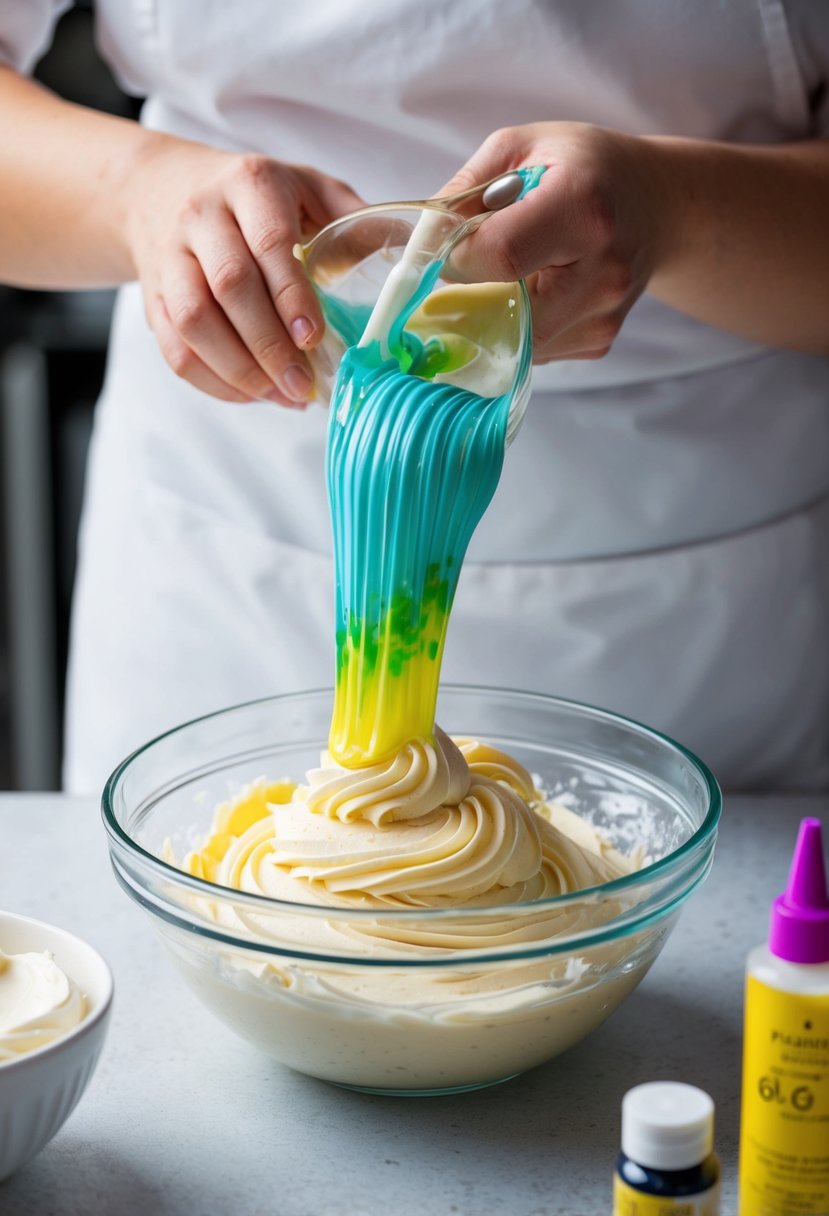 A baker carefully mixes vibrant gel food coloring into a bowl of frosting, preparing to decorate a wedding cake