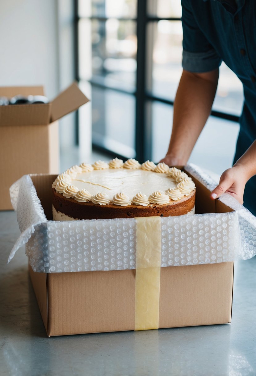 A cake being carefully placed in a sturdy box, cushioned with bubble wrap and secured with packing tape for safe transportation