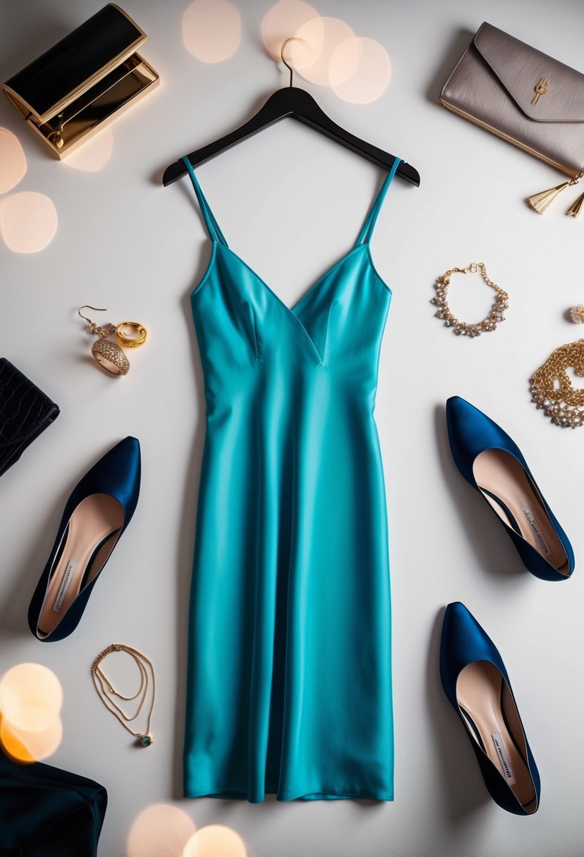 A slip dress hanging on a sleek hanger, surrounded by a variety of accessories such as shoes, jewelry, and a clutch