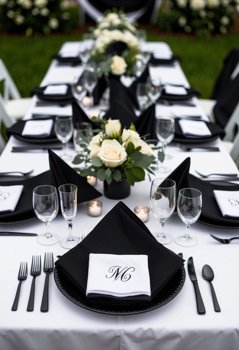 A table set with monogrammed black and white napkins, surrounded by black and white wedding decor