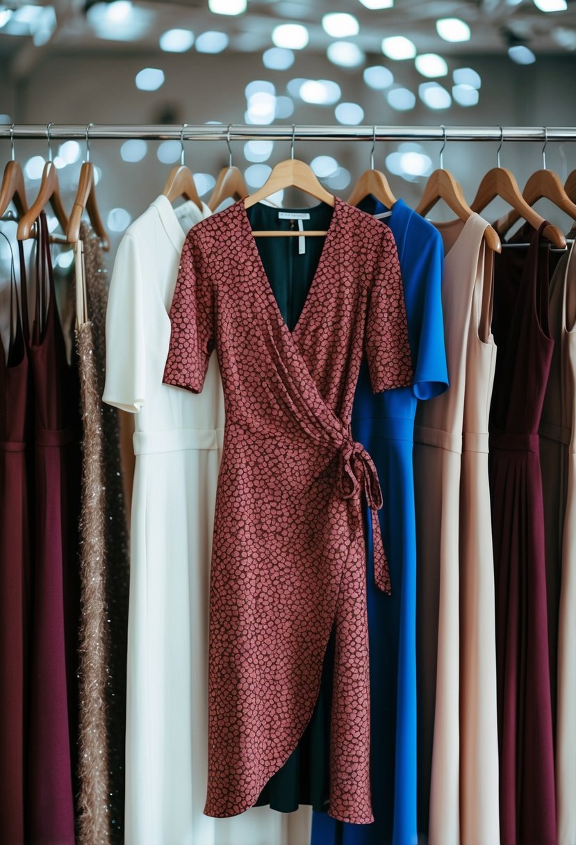 A wrap dress hanging on a clothing rack, surrounded by other elegant outfits