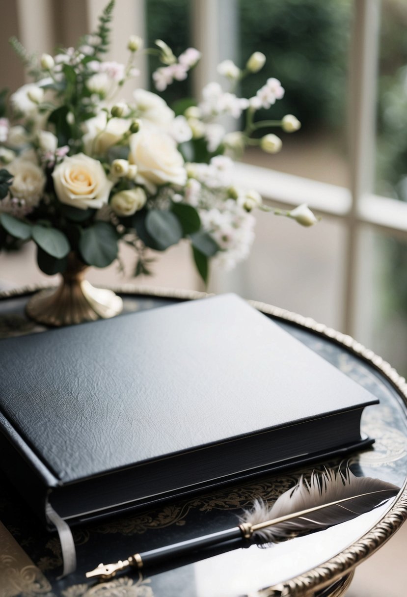 A sleek black and white guest book sits on a vintage table with a quill pen and elegant floral decor