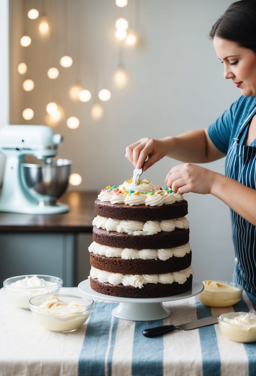 A table with cake layers, frosting, and tools. A baker works on each layer, adding frosting and decorations