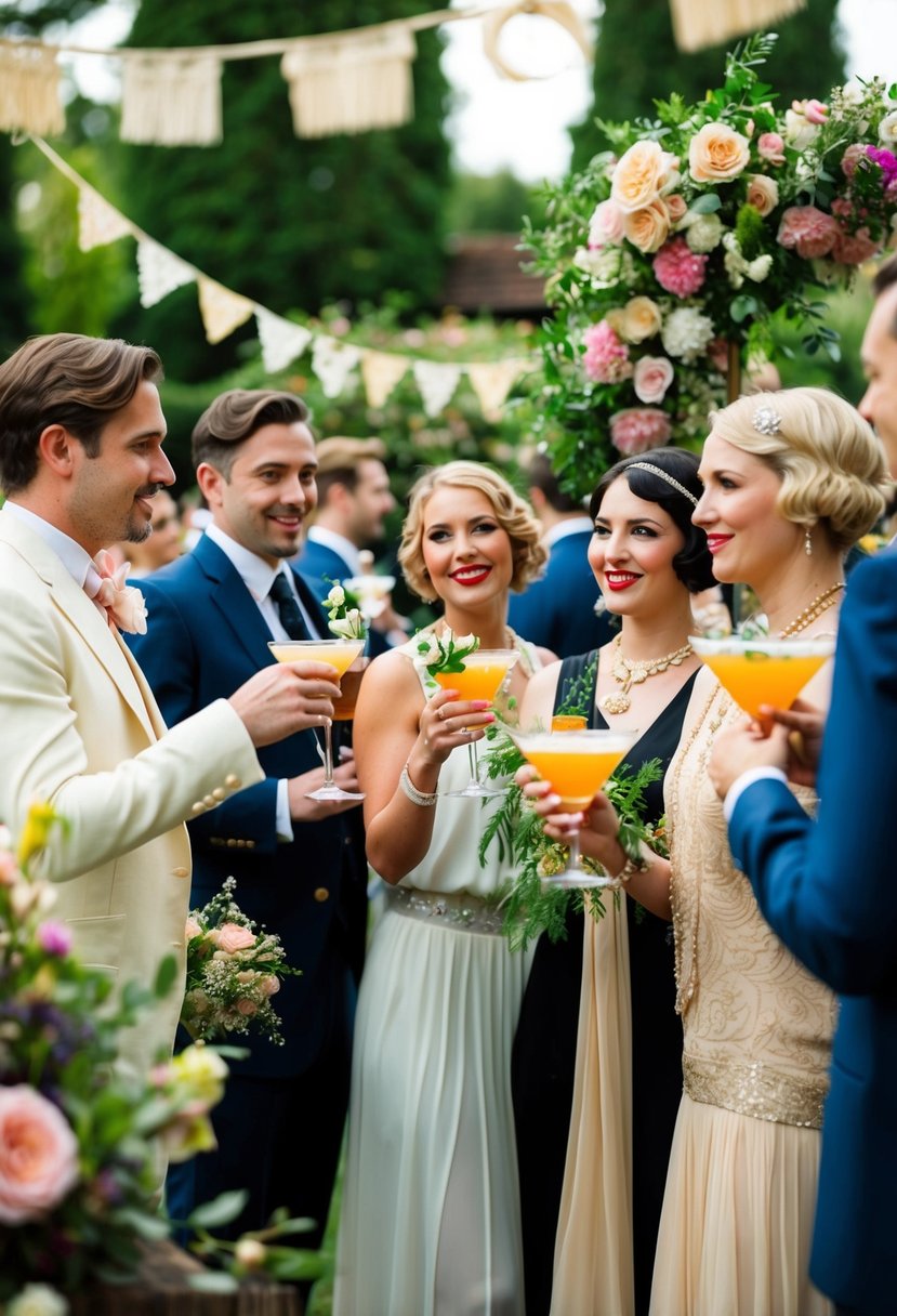 A garden party with guests in 1920s attire, sipping cocktails and mingling among vintage decor and floral arrangements