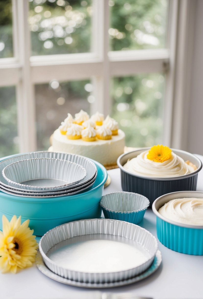 A table set with a cake kit, including cake pans, frosting, and decorations, ready for a DIY wedding cake