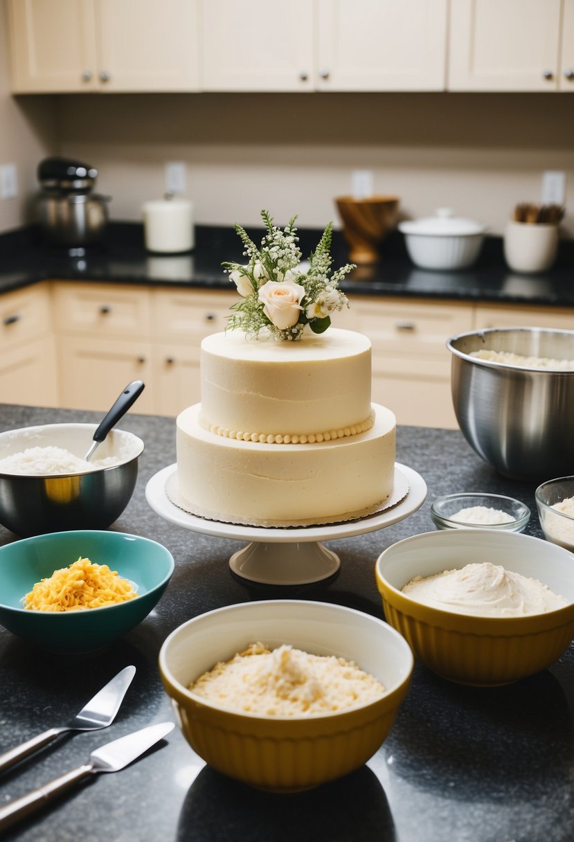 A countertop with bowls of cake mix, baking utensils, and a wedding cake in progress