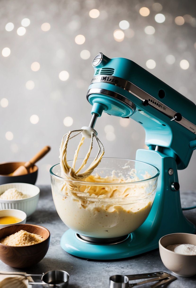 A stand mixer whips up batter for a wedding cake, surrounded by bowls of ingredients and measuring utensils