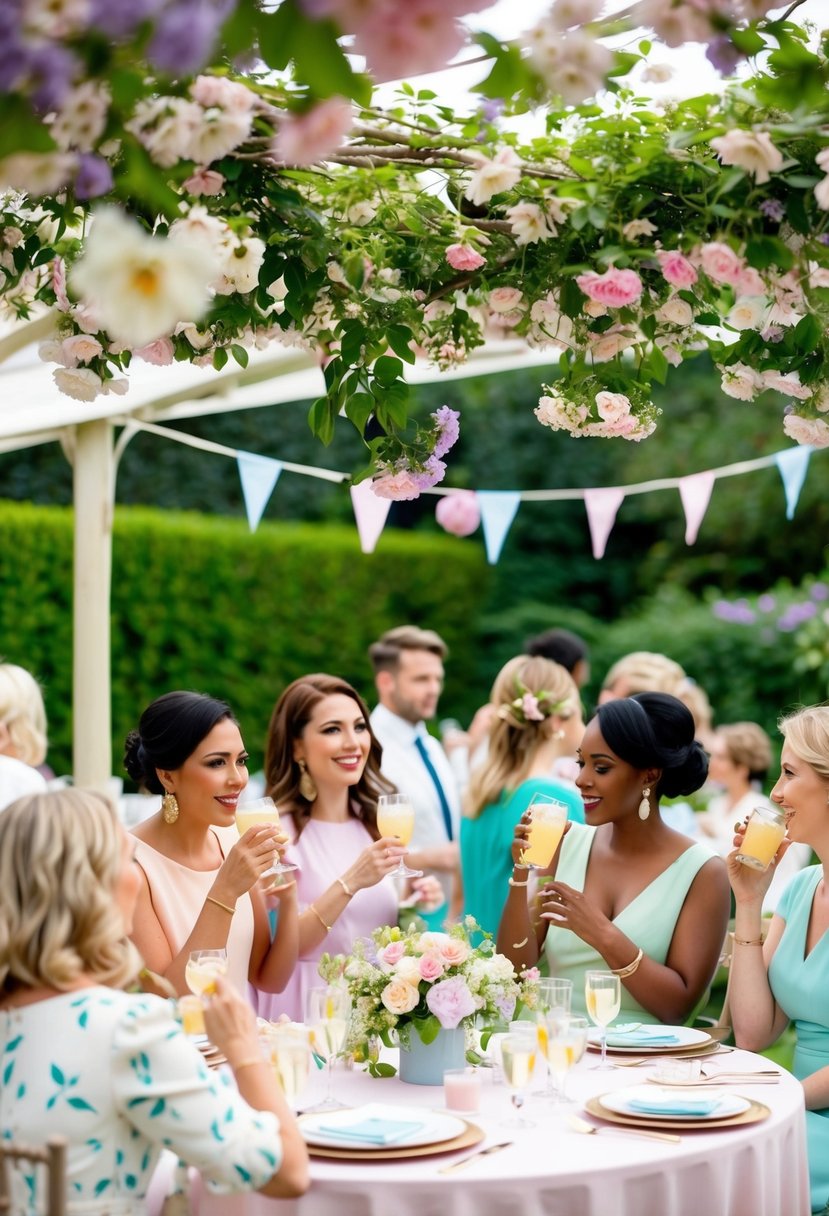 A garden party with guests in pastel dresses, sipping drinks and chatting under a canopy of blooming flowers