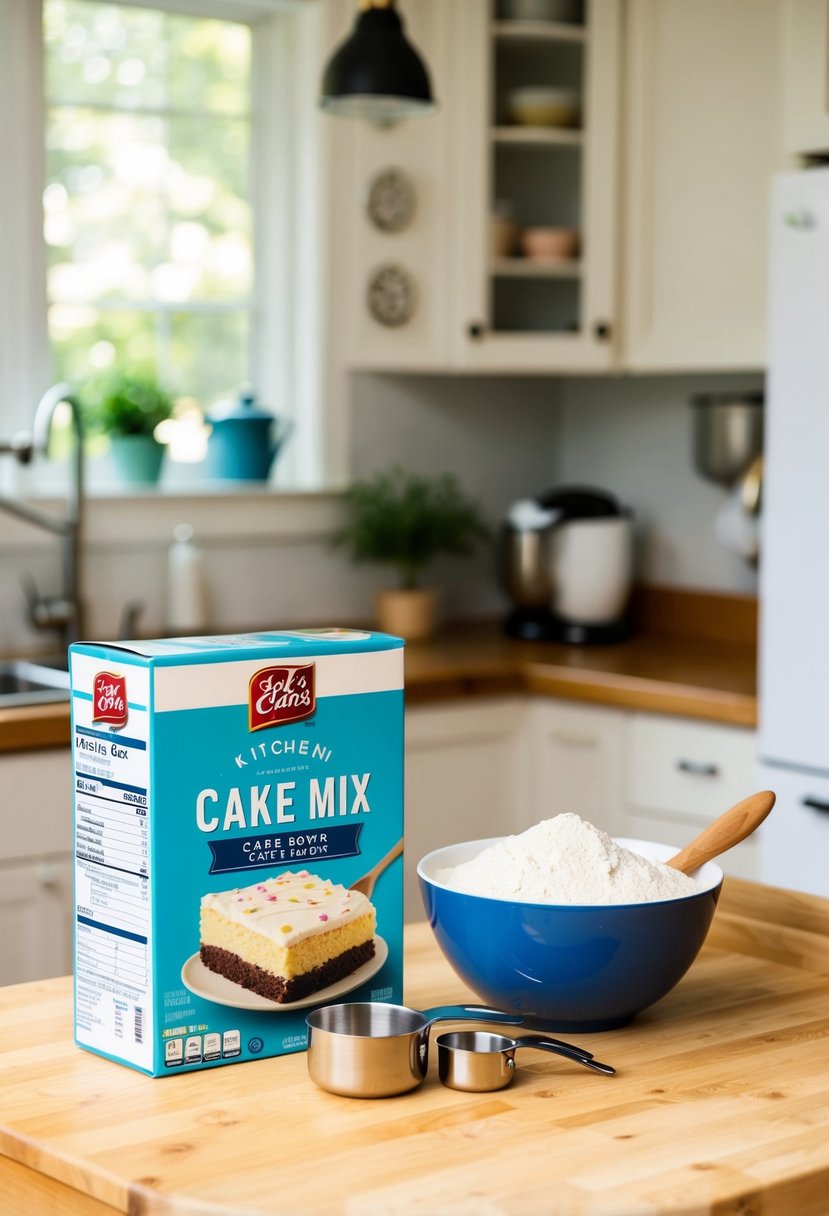 A kitchen counter with a boxed cake mix, mixing bowl, and measuring cups