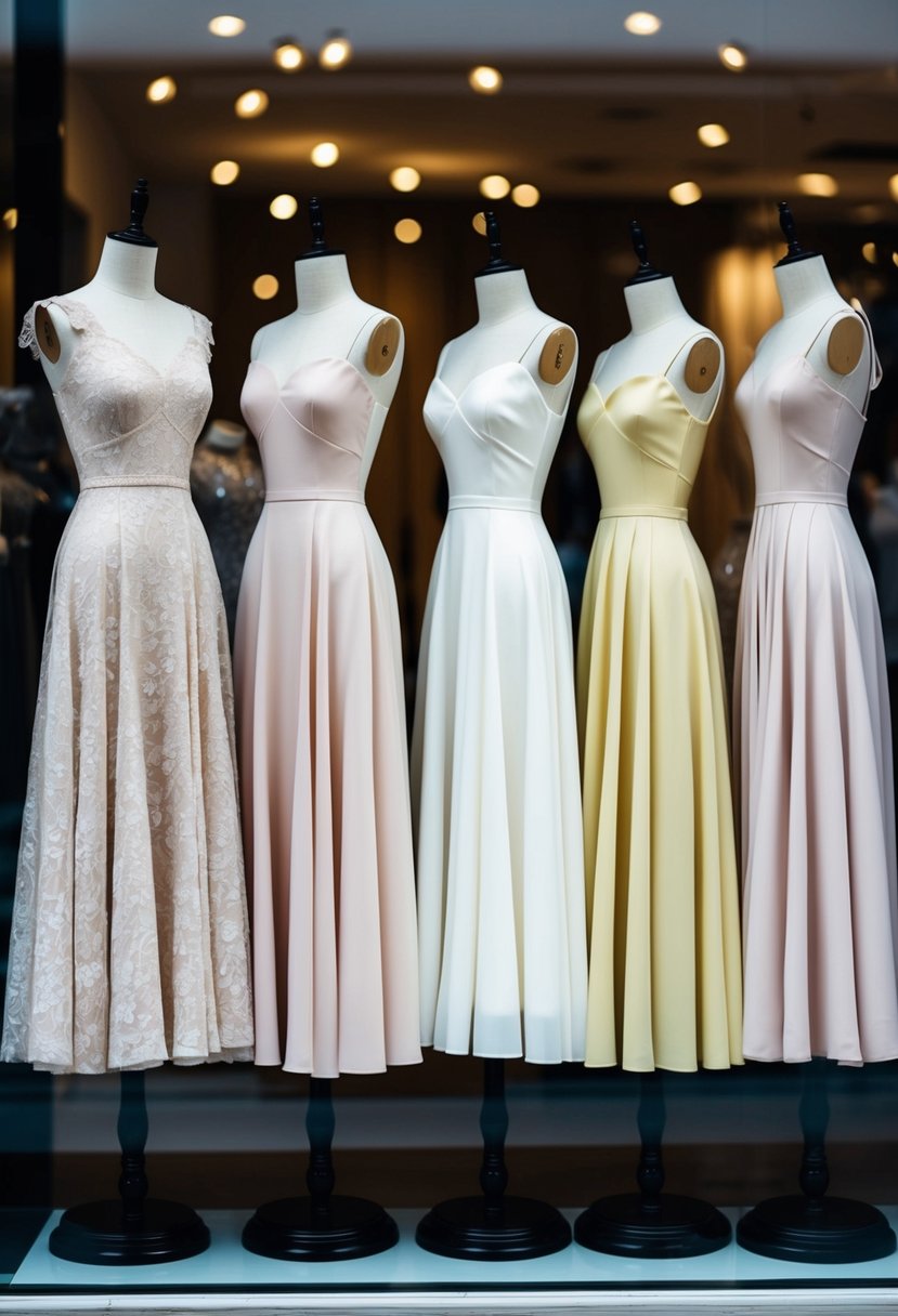 A group of elegant tea-length dresses displayed on mannequins in a boutique window