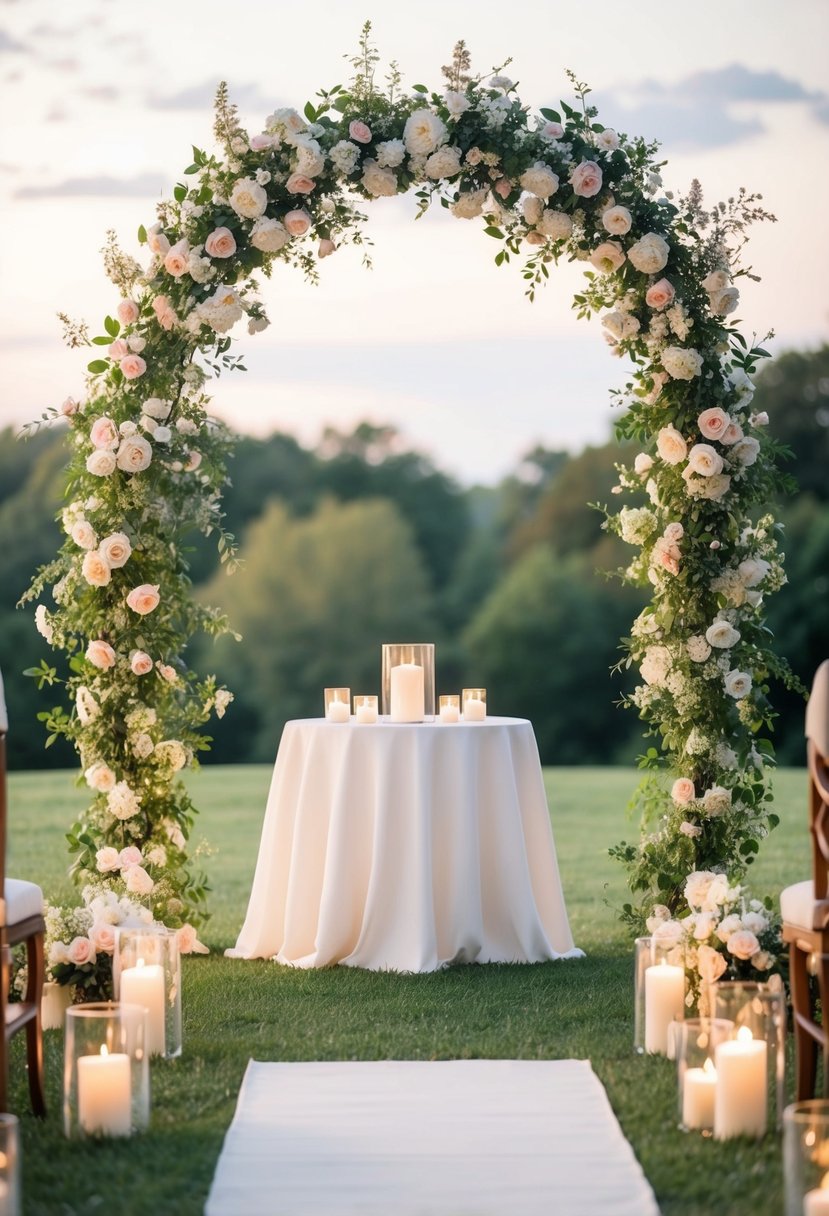 A serene outdoor setting with a flower-covered arch, soft candlelight, and a romantic atmosphere