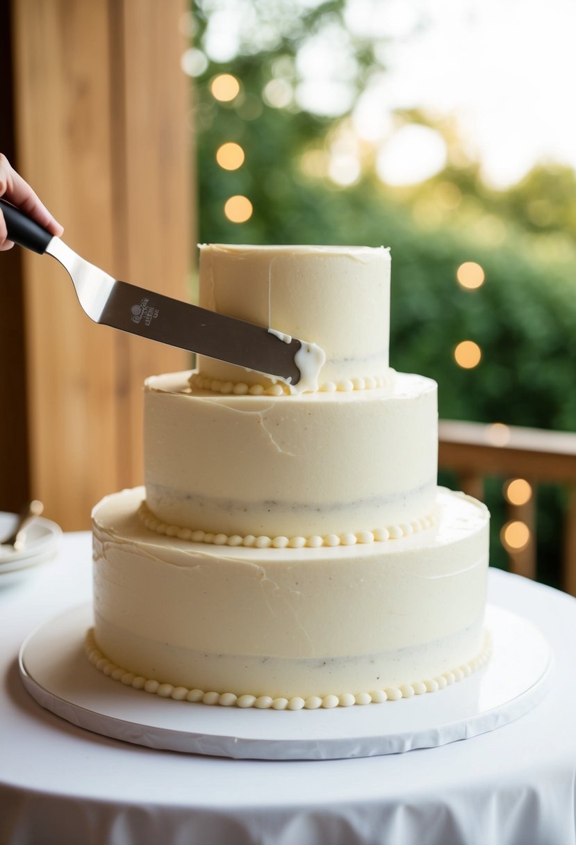 An offset spatula spreads icing on a tiered wedding cake, creating a smooth finish