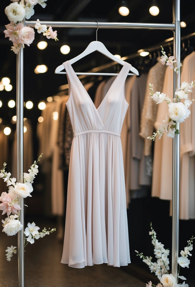 A chiffon mini dress hanging on a sleek clothing rack, surrounded by soft lighting and delicate floral accents