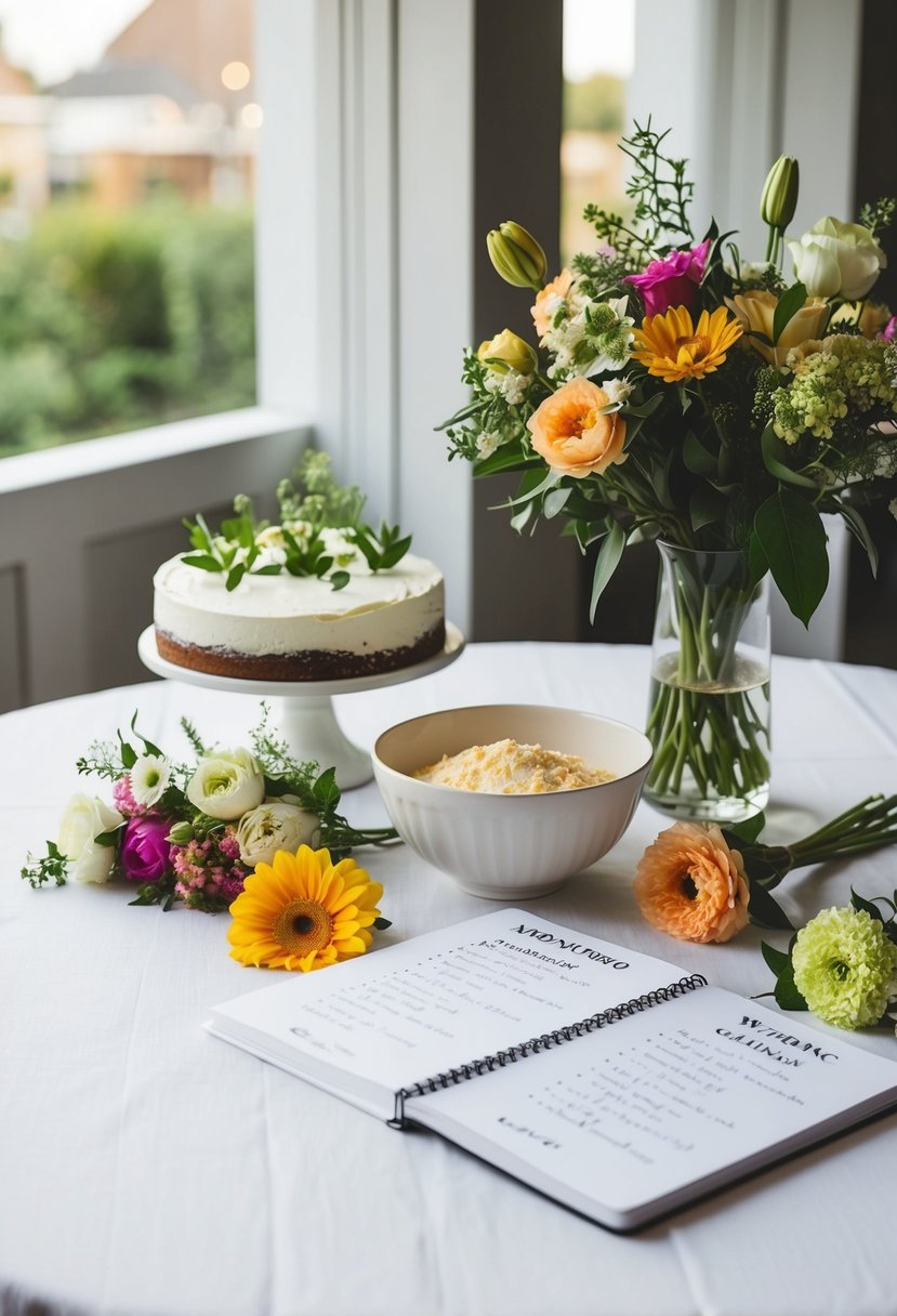 A table with fresh flowers, cake ingredients, and a notebook with wedding cake tips