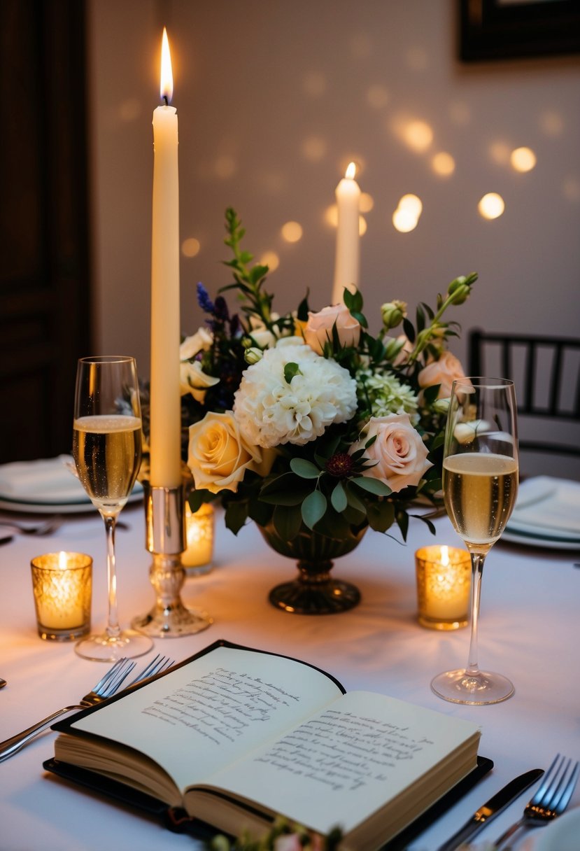 A candlelit dinner table set with elegant place settings and a bouquet of fresh flowers, with two champagne glasses and a handwritten vow book