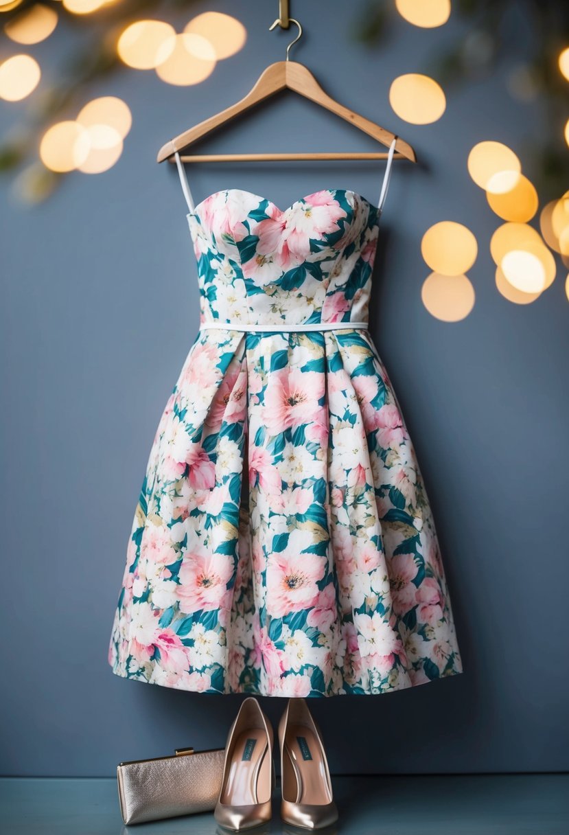 A floral strapless midi dress hangs on a hanger, surrounded by elegant heels and a clutch, ready for a sophisticated wedding guest