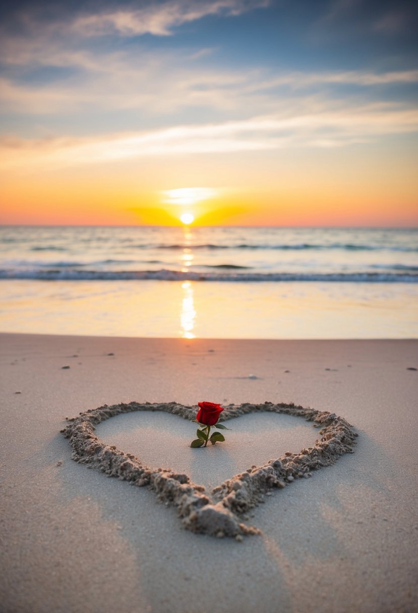 A secluded beach at sunset, with a heart drawn in the sand and a single rose placed in the center