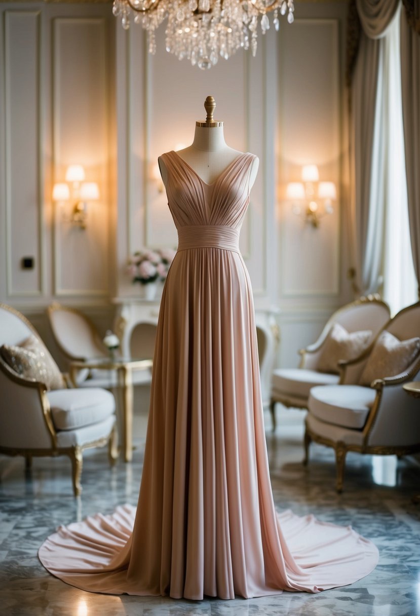 A mannequin wearing a flowing maxi dress in a luxurious setting with elegant decor and soft lighting