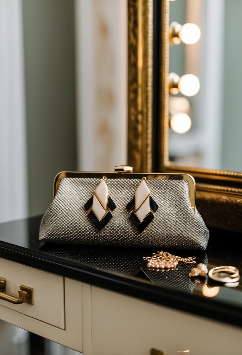 A vintage clutch and modern statement earrings on a dressing table