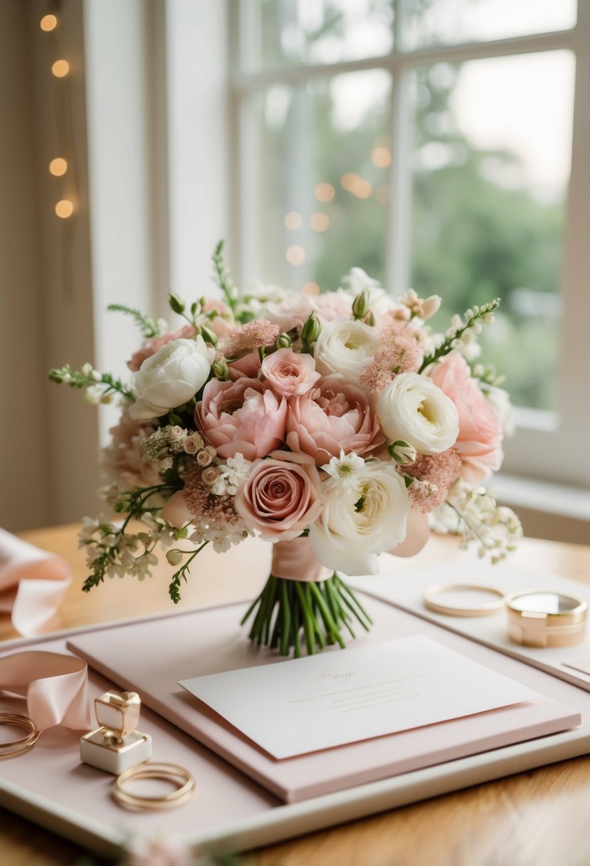 A delicate bouquet of blush and white flowers on a stationery set, with soft lighting creating a romantic atmosphere