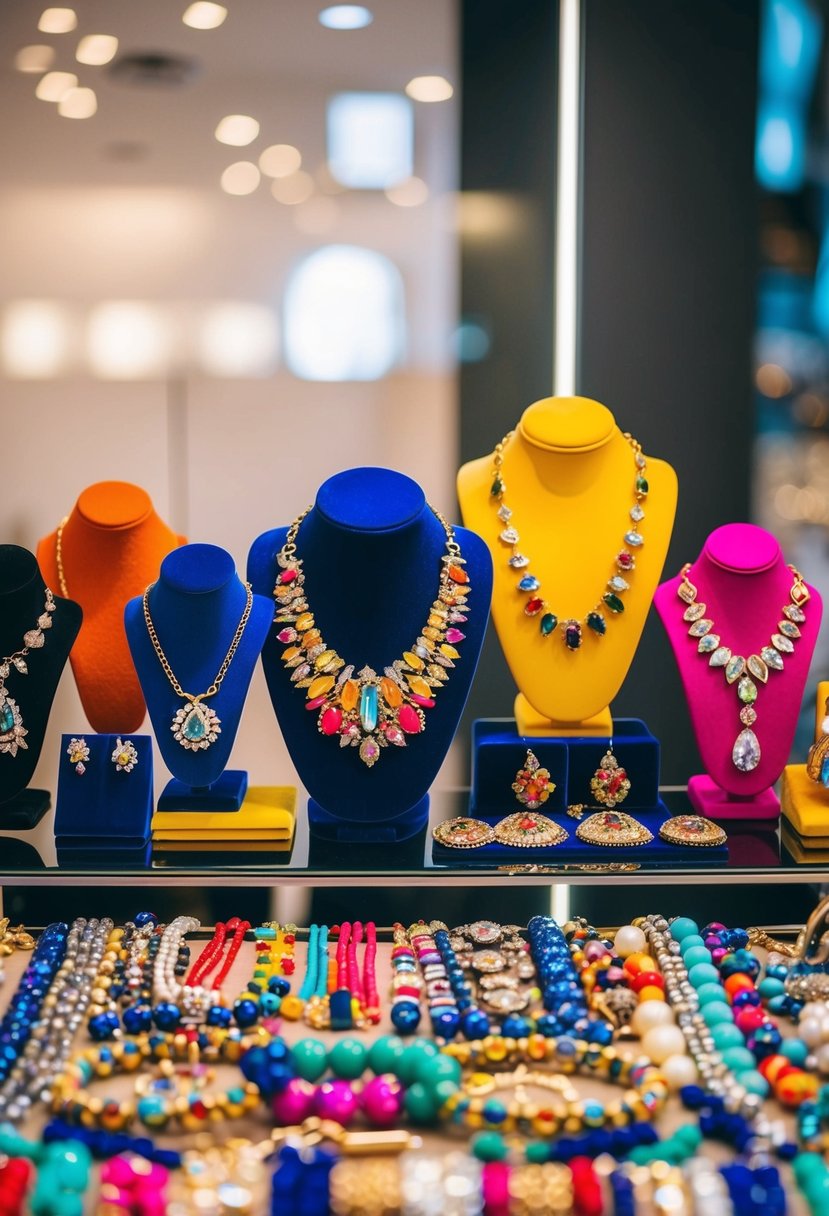 A vibrant array of statement jewelry and colorful accessories arranged on a sleek, modern display