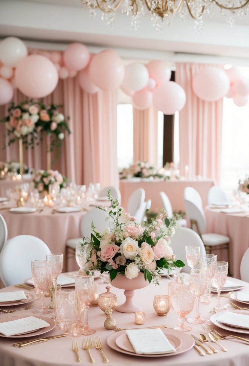 Soft pastel decor in a romantic wedding setting. Blush tones adorn tables and floral arrangements, creating an elegant and dreamy atmosphere