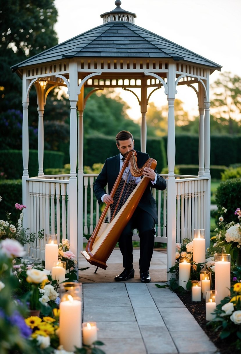 A musician plays a harp in a garden gazebo, surrounded by flowers and soft candlelight, setting the scene for a romantic wedding ceremony