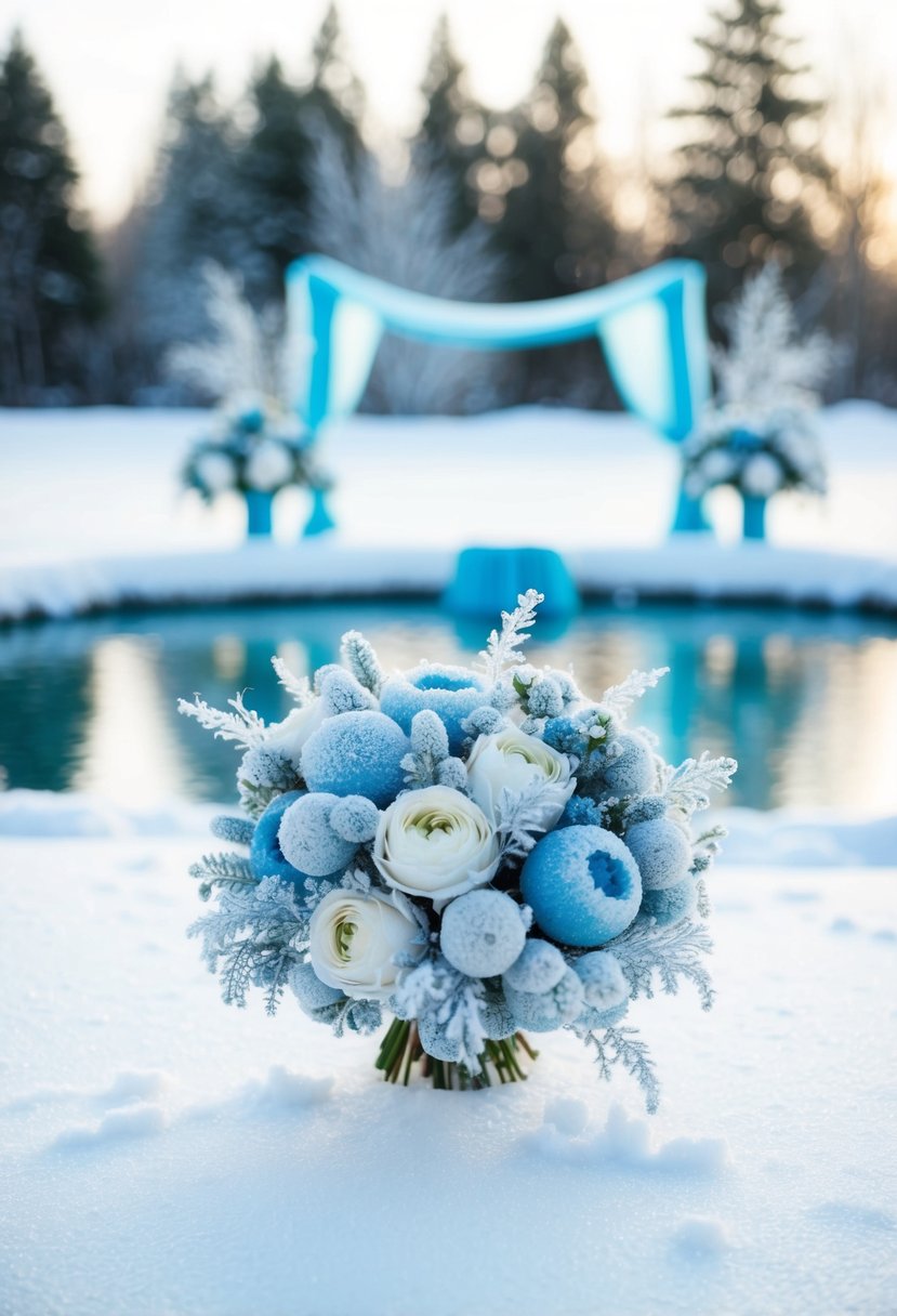 A snow-covered outdoor wedding with frosted flowers, icy blue decor, and a frozen pond backdrop