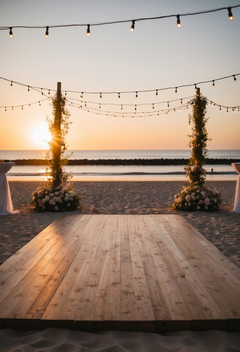 A secluded beach with a wooden dance floor bathed in the warm glow of the setting sun, surrounded by twinkling fairy lights and fragrant flowers