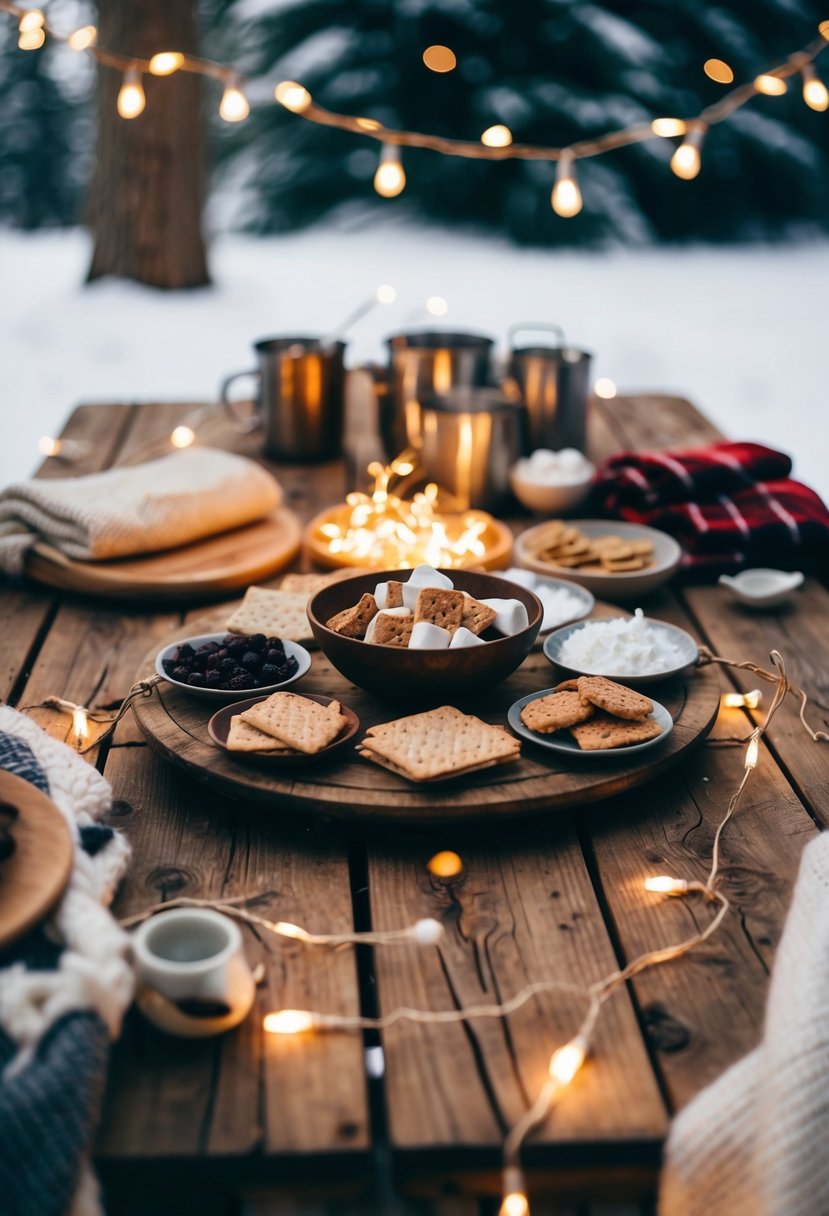 A rustic wooden table with a variety of s'mores ingredients, surrounded by cozy blankets and warm string lights, set against a snowy backdrop