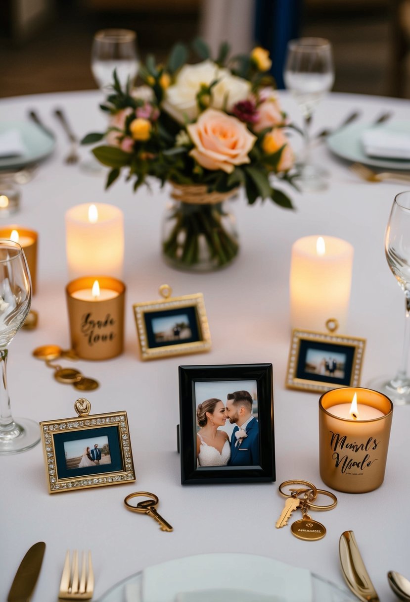 A table adorned with personalized wedding favors, such as mini photo frames, engraved keychains, and custom candles, all reflecting the couple's love story