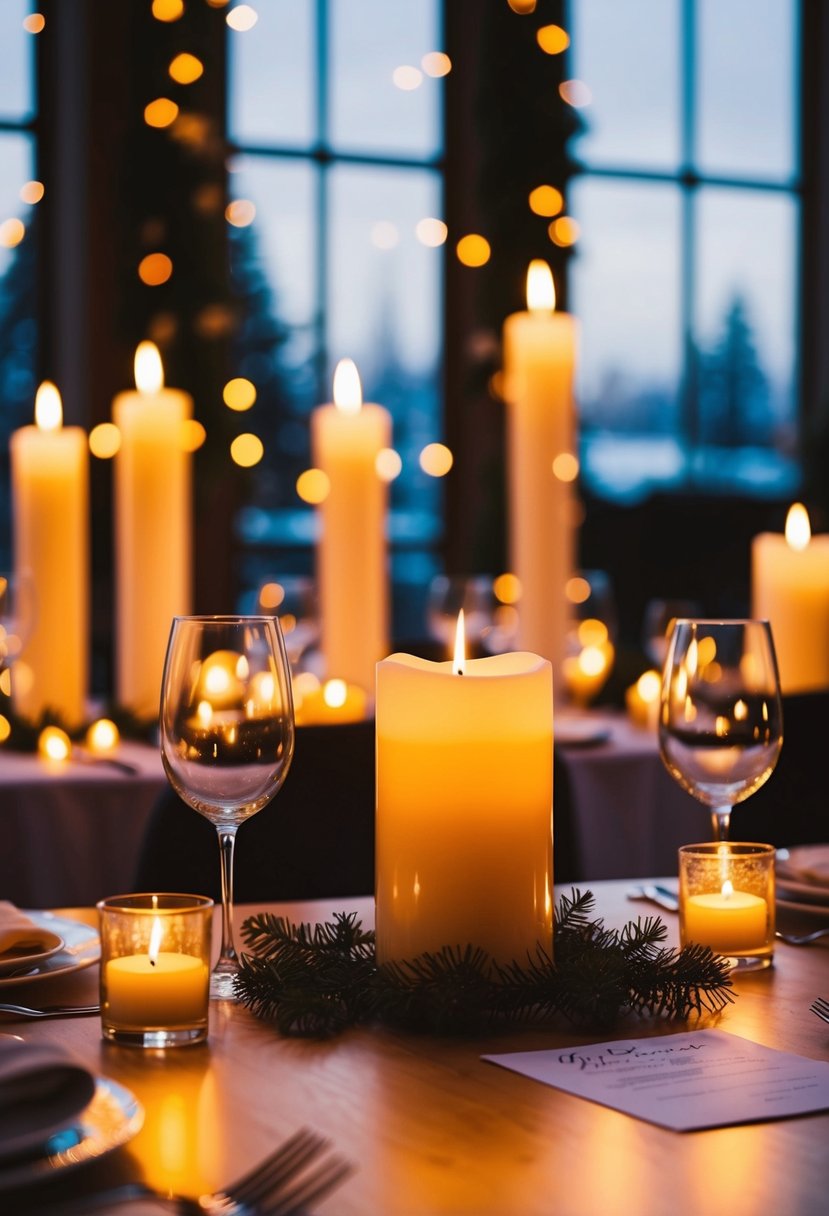 A cozy winter wedding scene with flickering candles casting warm, golden light on a table set with cold weather wedding tips