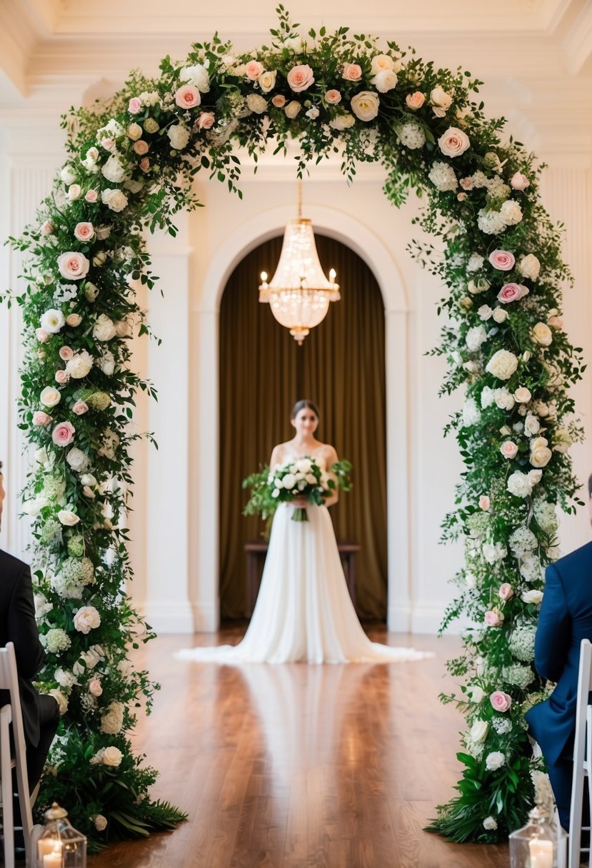 An arch adorned with lush florals frames the elegant ceremony space