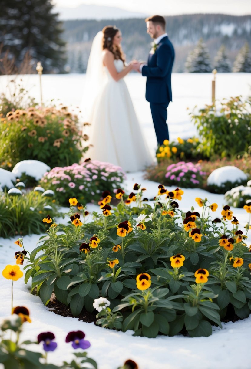 A garden filled with coneflowers and pansies, surrounded by a snowy landscape, with a bride and groom exchanging vows