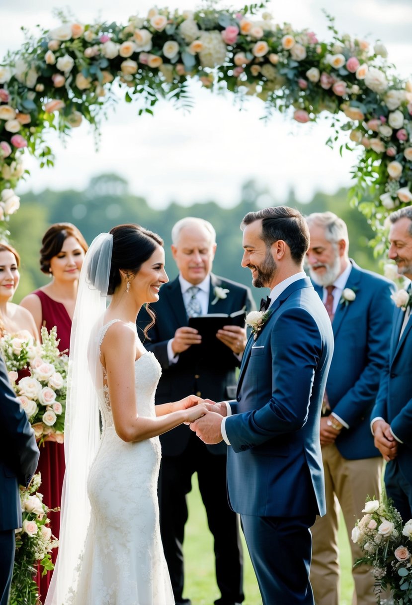 A bride and groom exchanging vows under a floral arch, surrounded by family and friends, with a professional videographer capturing the moment