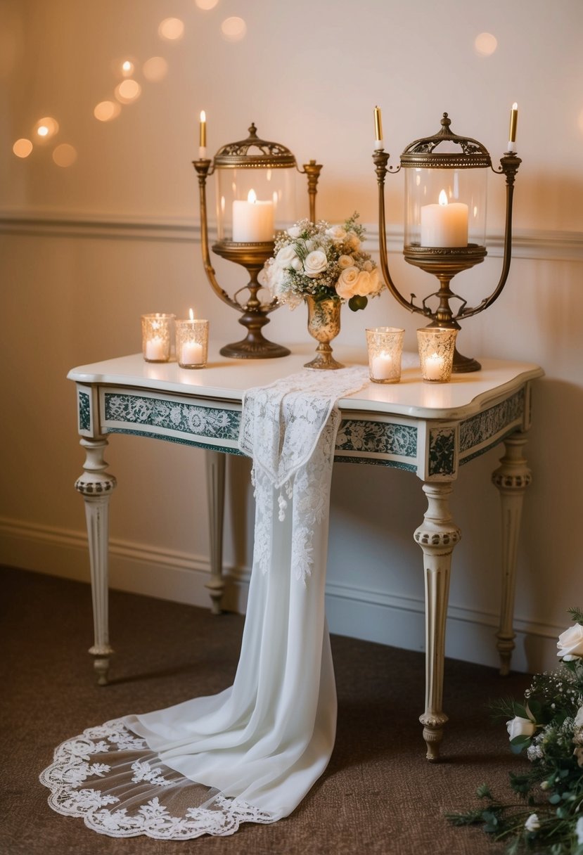 A vintage-themed wedding with antique furniture, lace details, and soft candlelight