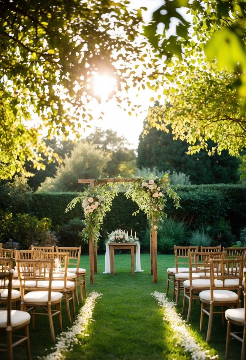 A sun-drenched garden with dappled light filtering through the trees onto a rustic wedding ceremony set-up, creating a warm and romantic atmosphere