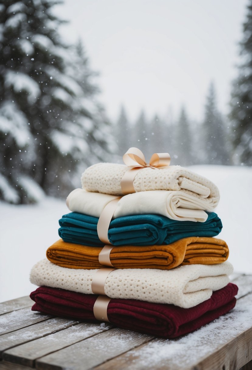 A pile of cozy, folded blankets with decorative ribbons, placed on a rustic wooden table in a snowy outdoor setting