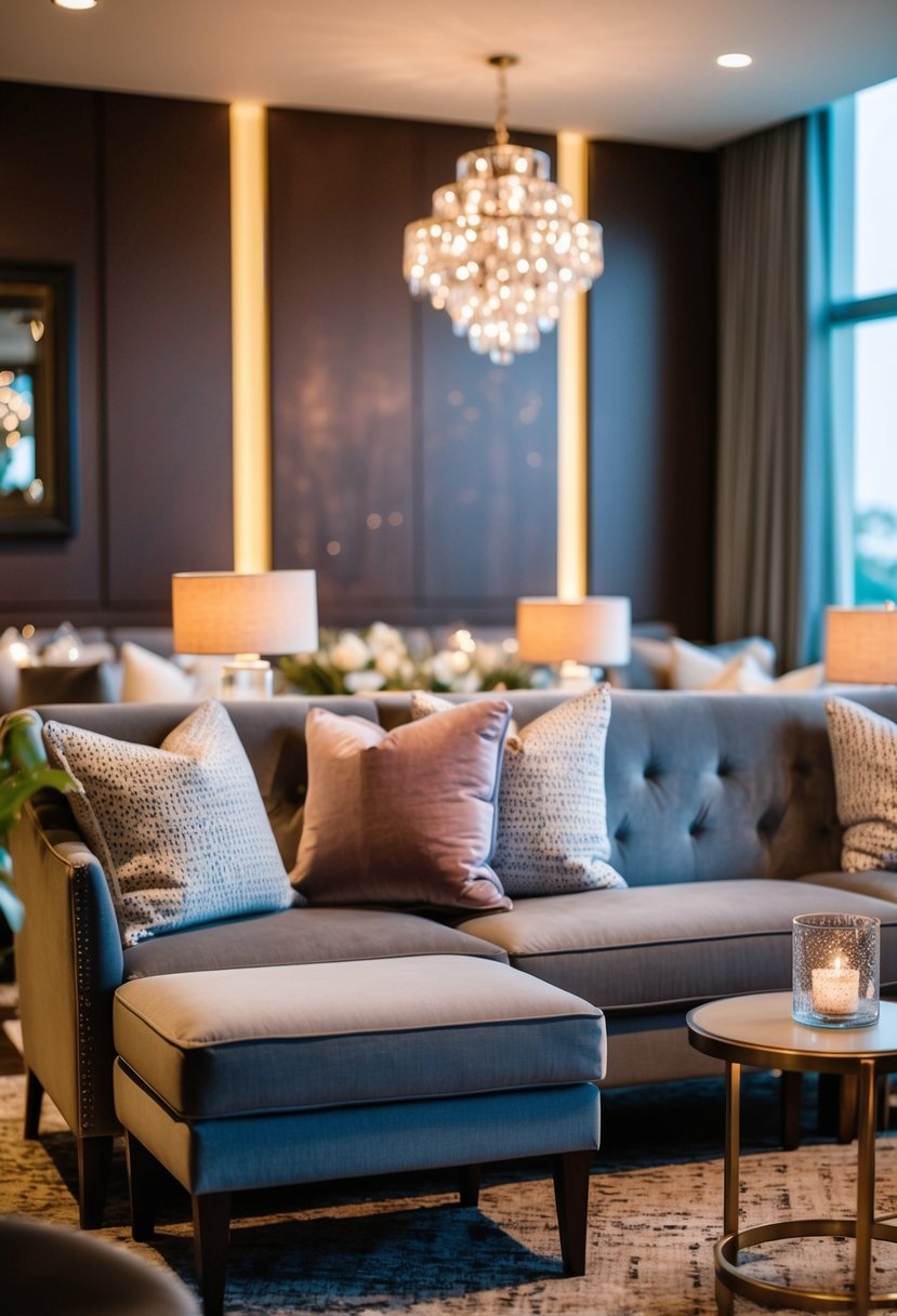 A cozy lounge area with plush seating, soft lighting, and romantic decor