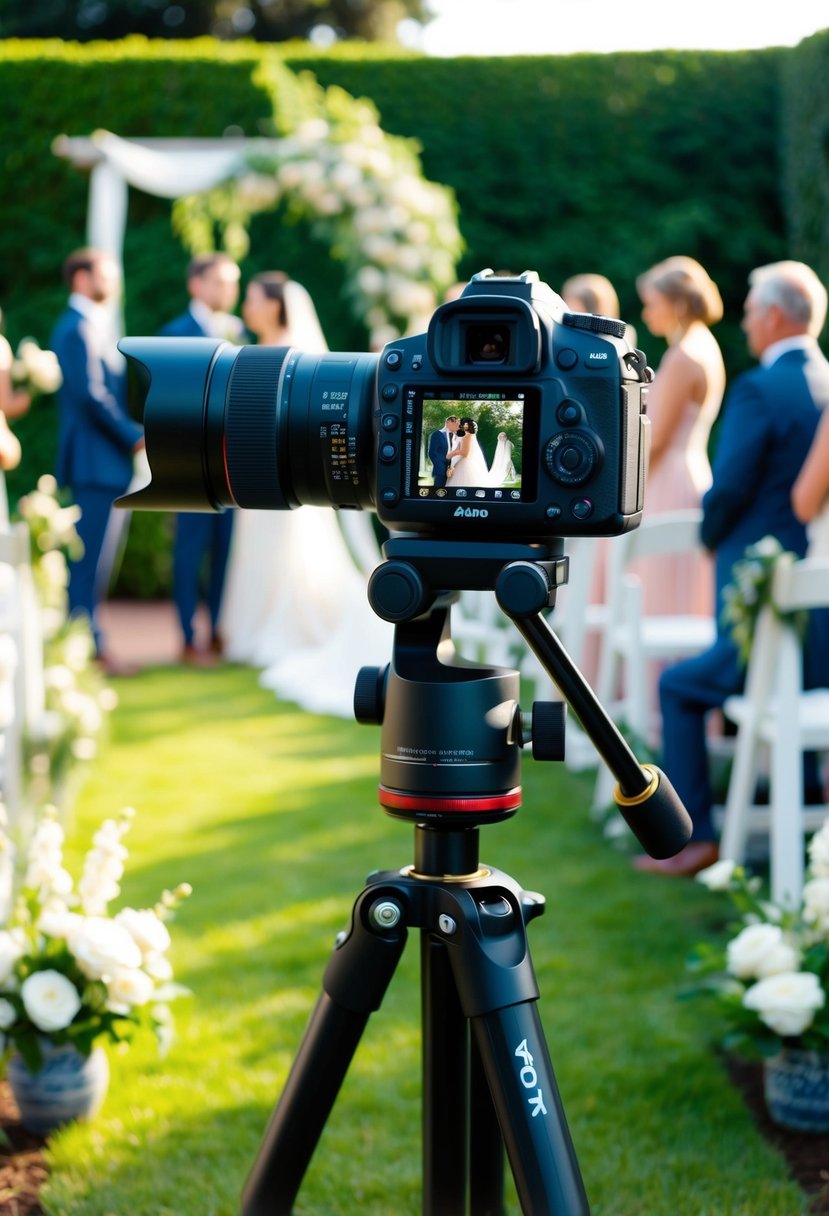 A professional camera set up on a tripod, capturing a romantic wedding ceremony in a lush garden setting with soft, natural lighting