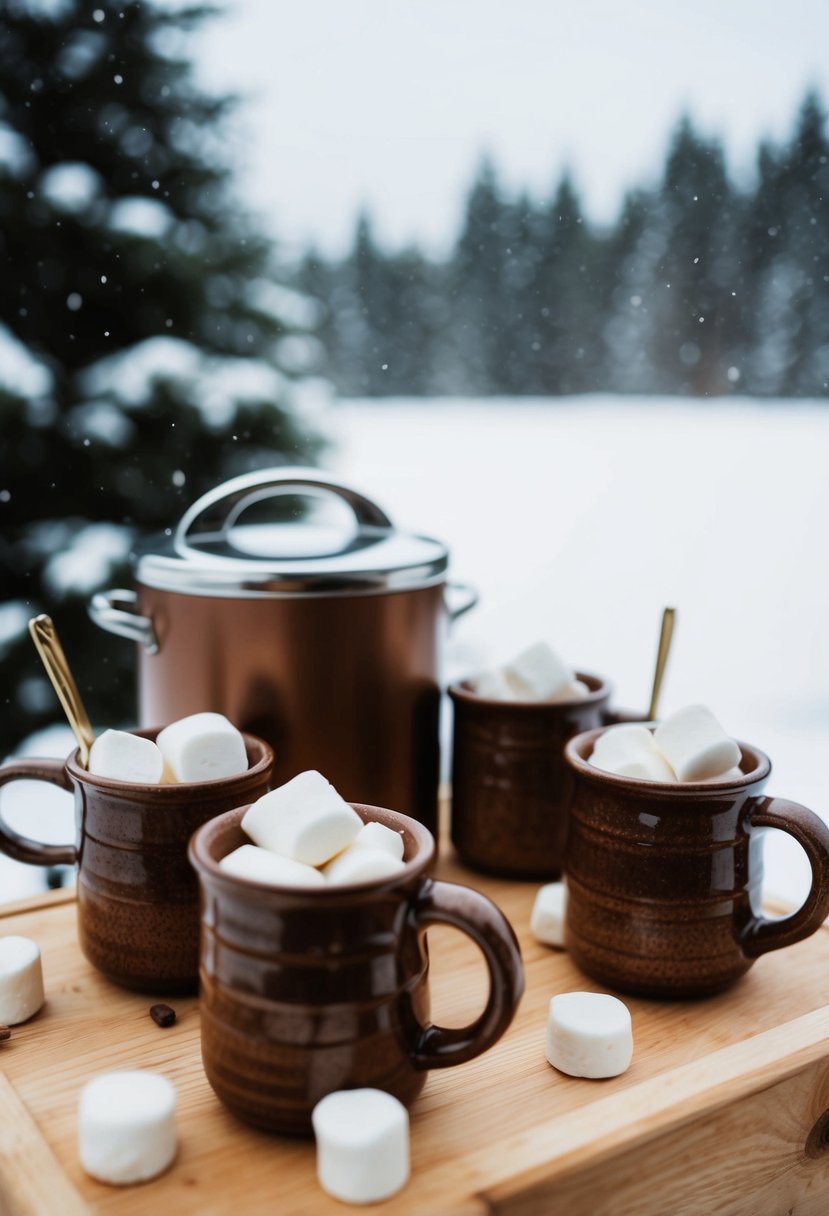 A cozy hot cocoa station with rustic mugs and marshmallows, set against a snowy backdrop at a cold winter wedding