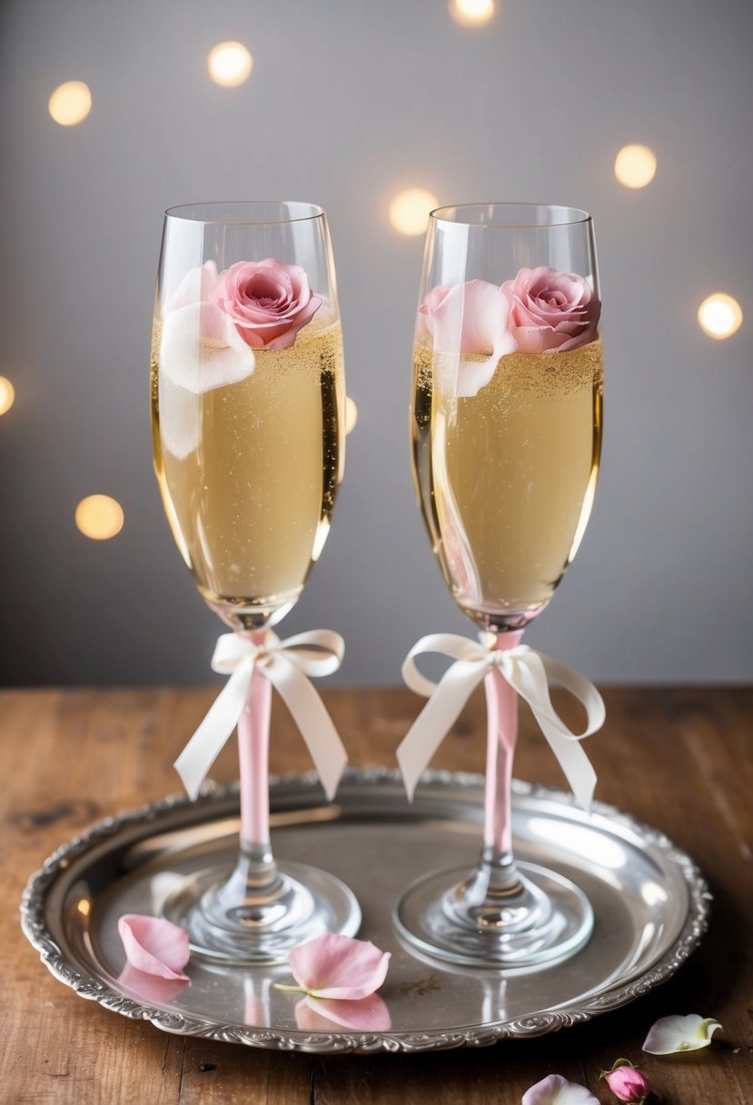 A pair of intertwined champagne flutes, adorned with delicate rose petals and a ribbon, sit on a vintage silver tray