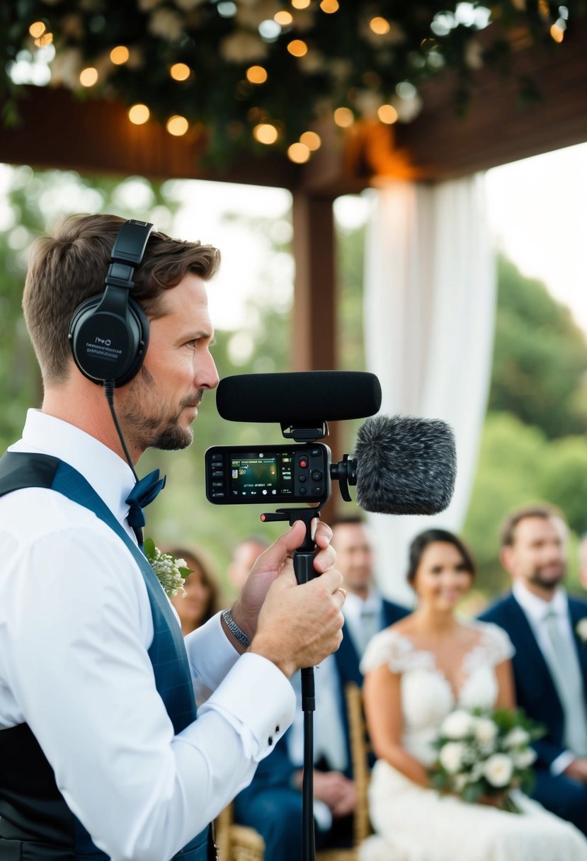 A professional videographer adjusts microphone placement for optimal audio quality at a wedding ceremony