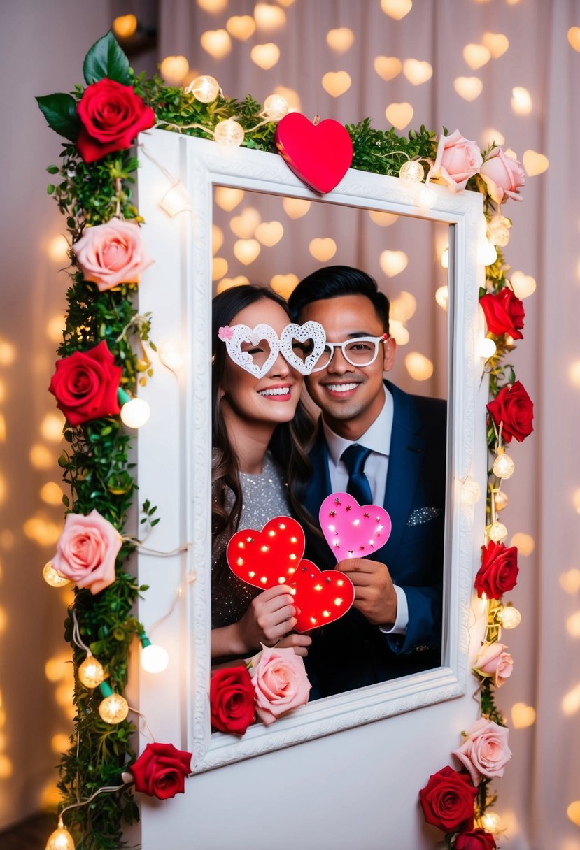 A photo booth adorned with fairy lights, heart-shaped props, and a backdrop of roses and candles