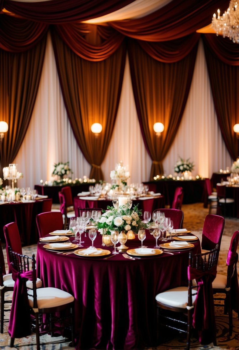 A lavish wedding reception with velvet tablecloths, drapes, and cushions in deep, opulent colors. Rich textures create a warm, luxurious atmosphere