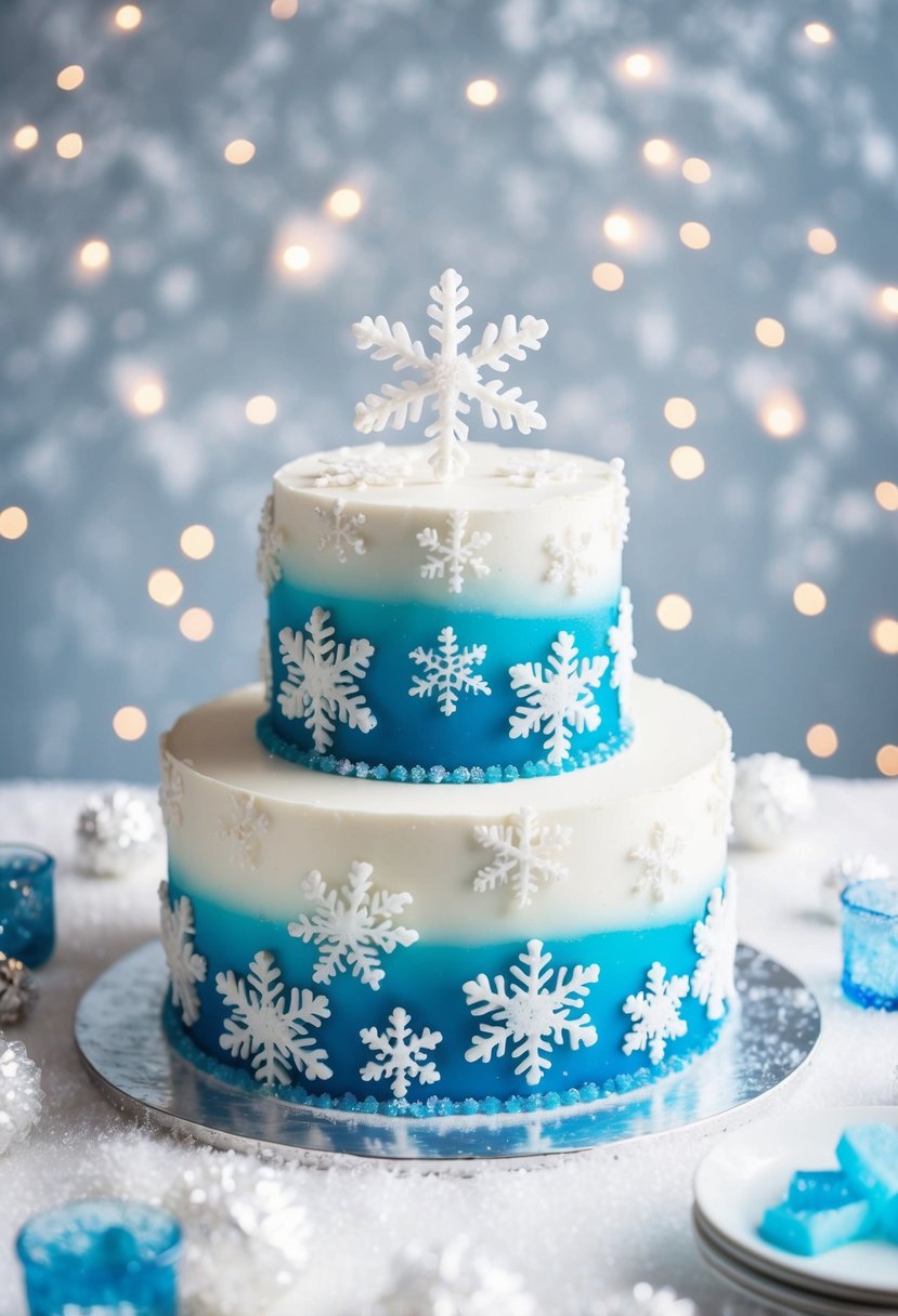 A snowflake-themed cake sits on a frosty table, surrounded by glistening white snowflakes and icy blue accents