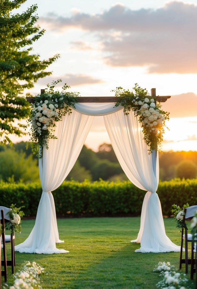 A serene outdoor wedding ceremony with a flowing white canopy, surrounded by lush greenery and blooming flowers, as the sun sets in the background