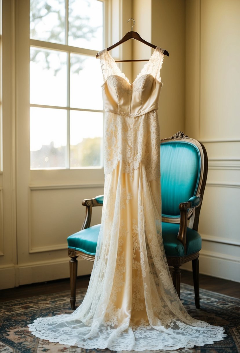 A lace and silk gown draped over a vintage chair in a sunlit room