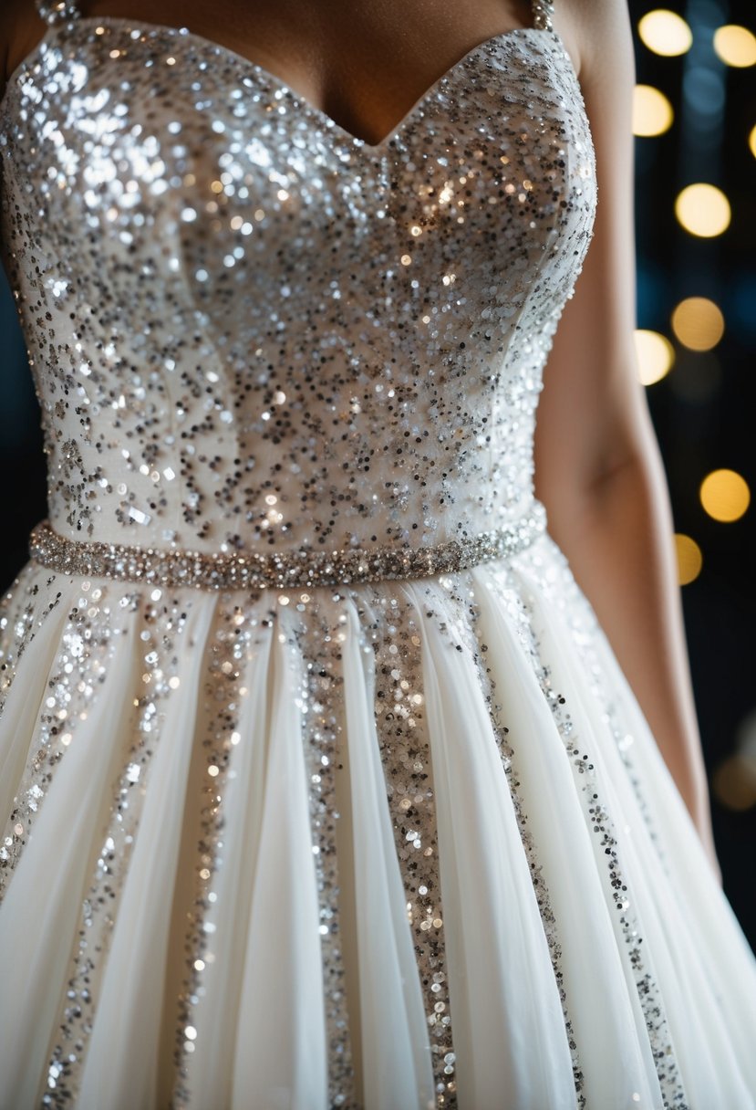 A white wedding dress adorned with shimmering glitter and sequins catches the light, adding a touch of sparkle to the elegant gown