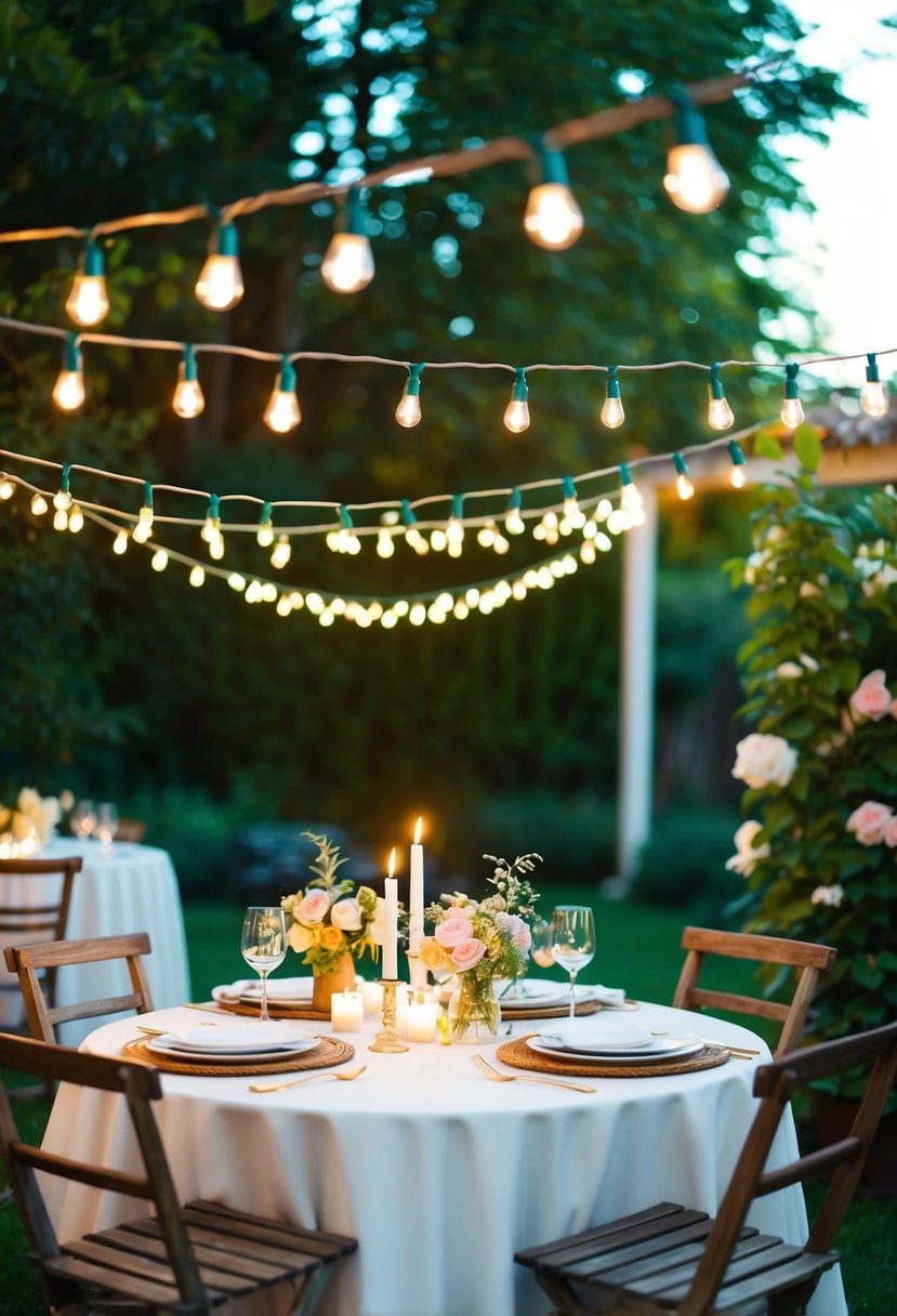 A table set for two under string lights in a garden, with candles and flowers creating a romantic atmosphere for an al fresco dinner